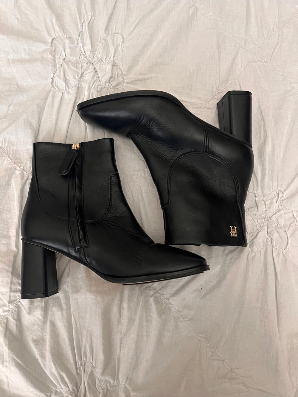 Tommy Hilfiger Black Leather Ankle Booties with Block Heel